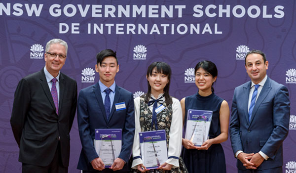 Left to right: Mark Scott, Secretary, Department of Education with Sam Lee, Betty Bi, Mahime Watanabe and Murat Dizdar, Deputy Secretary, School Operations and Performance.